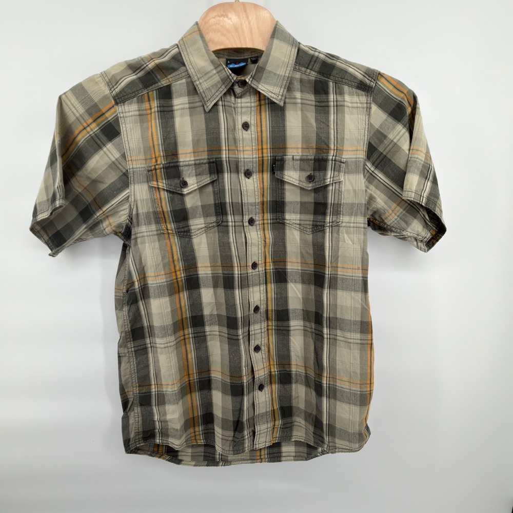 KAVU Button Front Shirt Mens Large Grey Orange Black Plaid Short Sleeve Outdoor